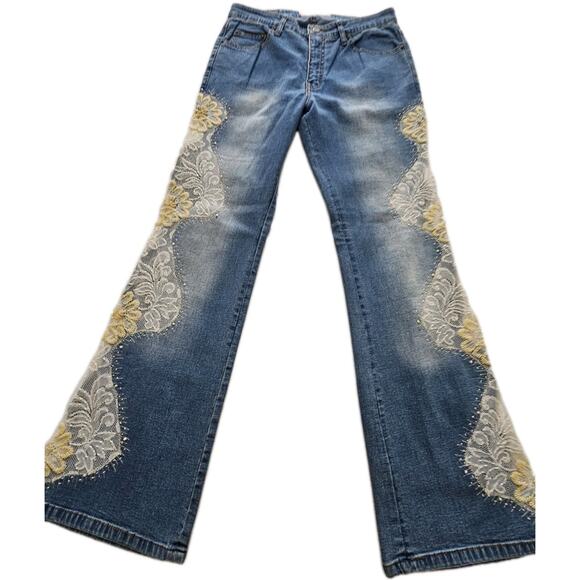 Sassy Thai Jeans Womens Embellished Beads Flowers Rhinestones Mid Rise 10 Flare - Picture 2 of 14